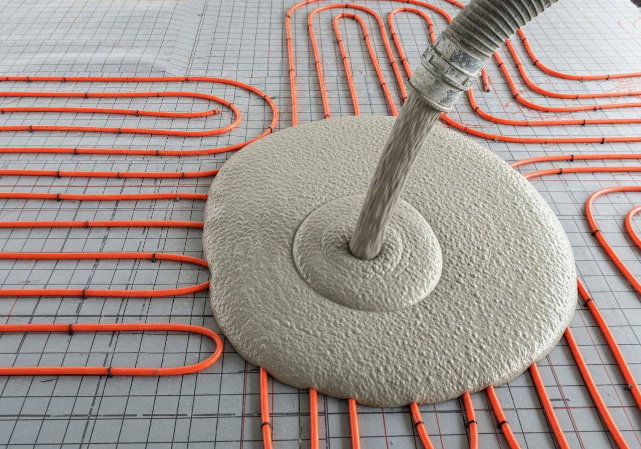 Underfloor heating pipes set in screed